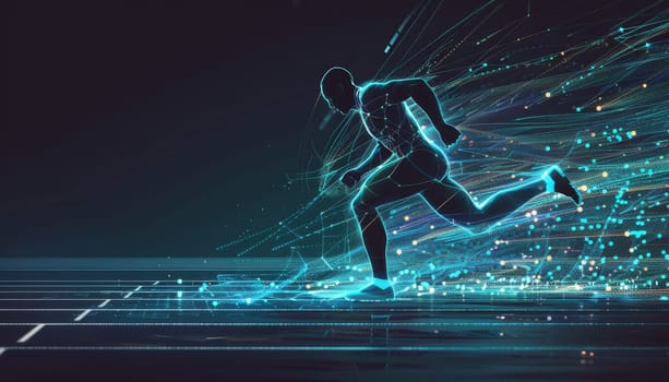 A man is running on a track with a blue background by AI generated image.