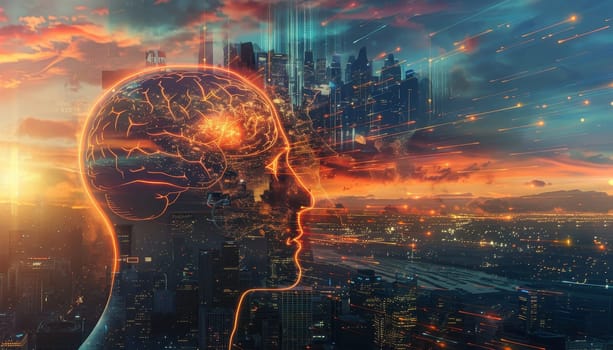 A city skyline is lit up at sunset with a glowing brain in the center by AI generated image.