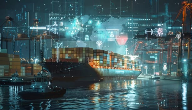 A futuristic cityscape with a large cargo ship in the middle of the water by AI generated image.