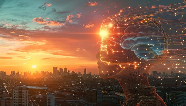 A city skyline is lit up at sunset with a glowing brain in the center by AI generated image.