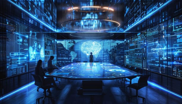 A futuristic room with a large screen and a person standing in front of it by AI generated image.