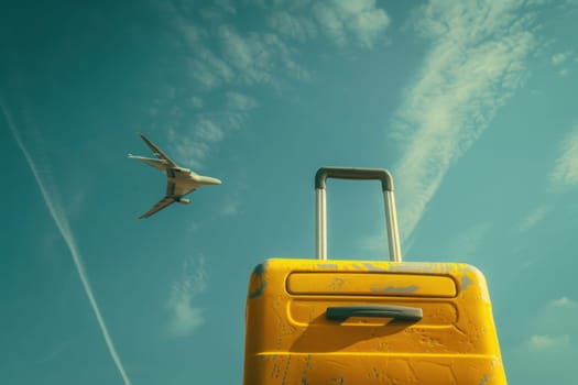 Travel essentials vibrant yellow suitcase under clear blue sky with commercial plane background