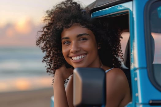 African american woman driving a jeep on the beach travel and leisure concept with happy woman in the driver's seat