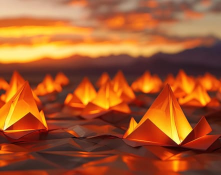 Sunset beauty sparkling paper lanterns on ground cast a magical glow, perfect for travel or art backgrounds