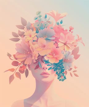 Woman with flowers in her hair in beautiful pastel pink and blue background symbolizing beauty and fashion