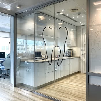 A picture of a tooth is hanging on the wall of a dental office. The image is black and white and has a vintage feel to it. The room is clean and well-lit, with a white counter and cabinets
