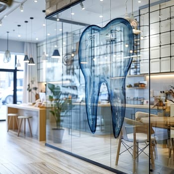 A picture of a tooth is hanging on the wall of a dental office. The image is black and white and has a vintage feel to it. The room is clean and well-lit, with a white counter and cabinets
