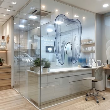 A picture of a tooth is hanging on the wall of a dental office. The image is black and white and has a vintage feel to it. The room is clean and well-lit, with a white counter and cabinets