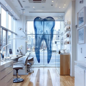 A picture of a tooth is hanging on the wall of a dental office. The image is black and white and has a vintage feel to it. The room is clean and well-lit, with a white counter and cabinets