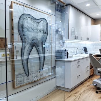 A picture of a tooth is hanging on the wall of a dental office. The image is black and white and has a vintage feel to it. The room is clean and well-lit, with a white counter and cabinets