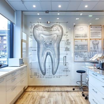 A picture of a tooth is hanging on the wall of a dental office. The image is black and white and has a vintage feel to it. The room is clean and well-lit, with a white counter and cabinets