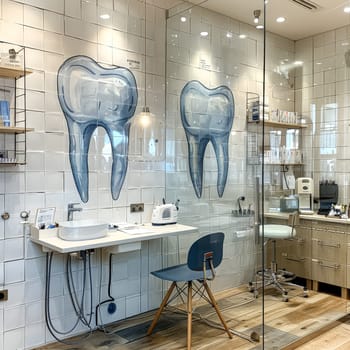 A picture of a tooth is hanging on the wall of a dental office. The image is black and white and has a vintage feel to it. The room is clean and well-lit, with a white counter and cabinets