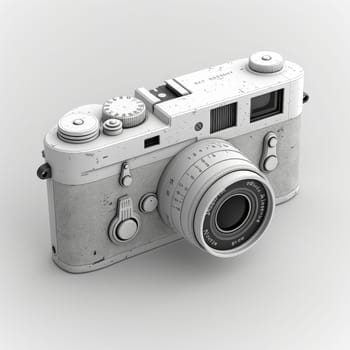 A camera with a black and white design. The camera is made of plastic and has a black lens