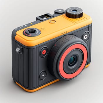 A camera with a black and white design. The camera is made of plastic and has a black lens