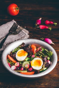 Fresh spring salad with tomato, radish, cucumber, red leaf lettuce and boiled eggs in metal bowl