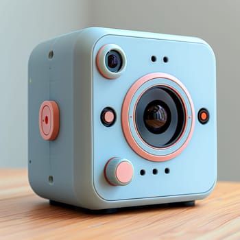 A camera with a black and white design. The camera is made of plastic and has a black lens
