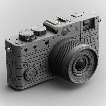 A camera with a black and white design. The camera is made of plastic and has a black lens