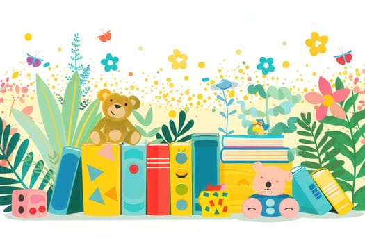A cheerful illustration featuring a row of colorful childrens books surrounded by playful toys, flowers, and butterflies. Perfect for promoting educational centers and bookstores.