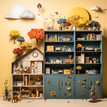 A colorful and whimsical scene of a toy house with a large bookshelf filled with various toys and books. The bookshelf is surrounded by a yellow wall, and the toys are scattered throughout the room