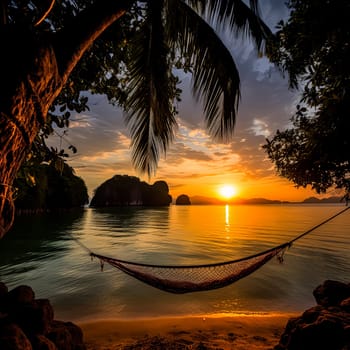 A hammock is hanging over a body of water, with the sun setting in the background. The scene is peaceful and serene, with the hammock providing a relaxing spot to unwind and enjoy the view