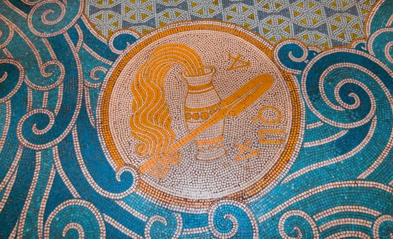 BRIARE, LOIRET, FRANCE, MAY 06, 2022 : pavement mosaic details on ground floor of Saint Etienne church