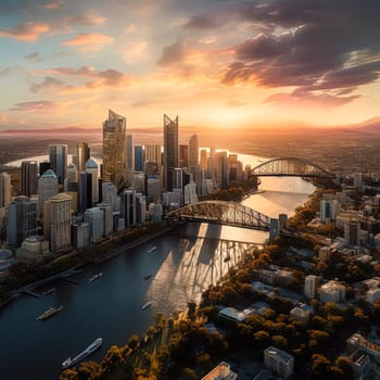 A city skyline with a bridge over a river and the sun setting in the background. The city is bustling with activity and the sun is setting, creating a warm and inviting atmosphere