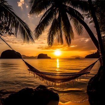 A hammock is hanging over a body of water, with the sun setting in the background. The scene is peaceful and serene, with the hammock providing a relaxing spot to unwind and enjoy the view