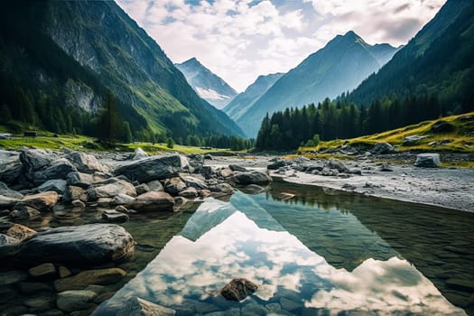 A beautiful mountain landscape with a blue river running through it. The mountains are covered in snow and the sky is clear