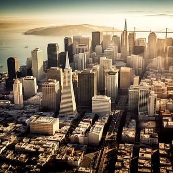 A city skyline with a large building in the middle. The sun is setting and the sky is cloudy