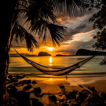 A hammock is hanging over a body of water, with the sun setting in the background. The scene is peaceful and serene, with the hammock providing a relaxing spot to unwind and enjoy the view