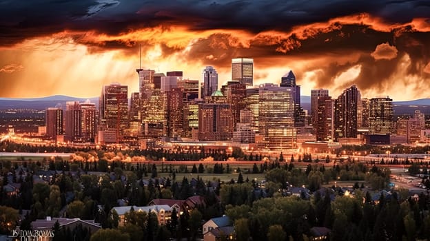 A city with a bridge and a tall building in the background. The sky is cloudy and the city is covered in orange leaves