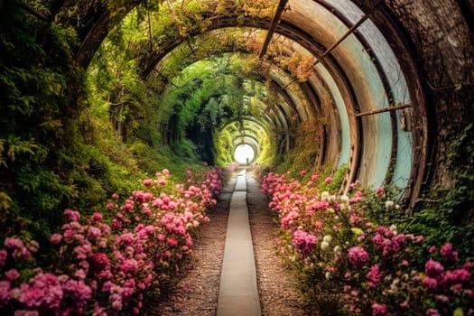 A tunnel with a path of flowers leading through it. The tunnel is long and narrow, and the flowers are pink and white