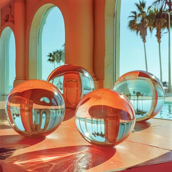 Four large glass spheres are sitting on a table, reflecting the sunlight and creating a sense of depth and movement. The scene evokes a feeling of tranquility and serenity