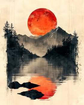 A painting of a mountain range with a red sun in the sky. The sun is reflected in the water, creating a serene and peaceful atmosphere