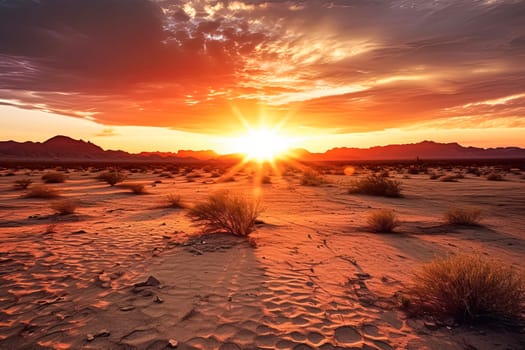 A desert landscape with a sun setting in the background. The sun is shining brightly, casting a warm glow over the sand dunes. The scene is serene and peaceful