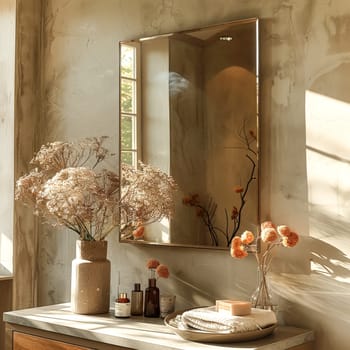 A vase of pink flowers sits on a wooden table next to a mirror. The mirror is framed in gold and the table is covered with a tray and a vase. Scene is warm and inviting