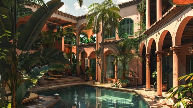 A large pool with palm trees surrounding it. The pool is surrounded by a red brick wall and a green balcony. The scene is peaceful and relaxing, with the palm trees providing a tropical atmosphere