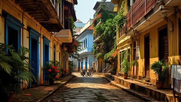 A colorful street scene with a mix of buildings and awnings. The atmosphere is lively and inviting