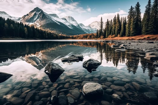 A beautiful mountain landscape with a blue river running through it. The mountains are covered in snow and the sky is clear