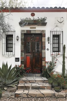 A house with a red door and a balcony with potted plants. The house has a Spanish style and the door is made of wood