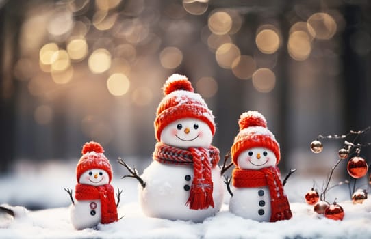 Merry Christmas and happy New Year greeting card with copy-space.Many snowmen standing in winter Christmas landscape.Winter background.
