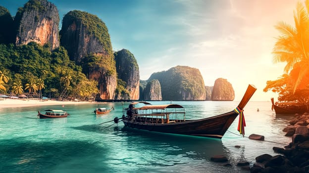 A boat is floating in the ocean near a beach. The boat is surrounded by other boats and there are several people on the shore. The scene is peaceful and relaxing, with the ocean