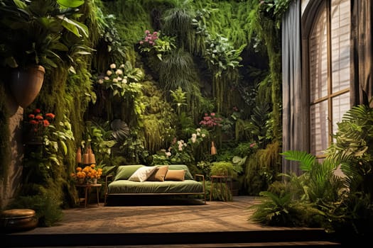 A lush green room with a couch and a window. The room is filled with plants and flowers, creating a peaceful and relaxing atmosphere