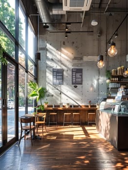 A restaurant with a wooden floor and orange chairs. There is a red fire extinguisher on the wall