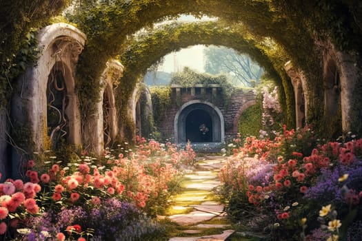 A tunnel with a path of flowers leading through it. The tunnel is long and narrow, and the flowers are pink and white