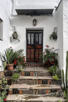 A house with a red door and a balcony with potted plants. The house has a Spanish style and the door is made of wood