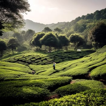 A man is walking through a field of green tea plants. The field is vast and the sun is shining brightly, creating a peaceful and serene atmosphere