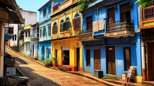 A colorful street scene with a mix of buildings and awnings. The atmosphere is lively and inviting