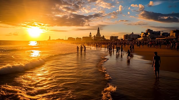 A beach scene with a large crowd of people and a beautiful sunset in the background. Scene is lively and energetic, as people are enjoying the beach and the beautiful view