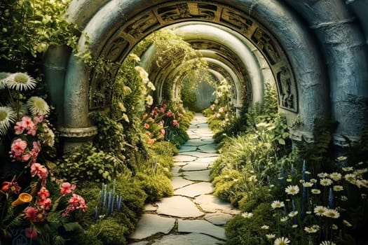 A tunnel with a path of flowers leading through it. The tunnel is long and narrow, and the flowers are pink and white